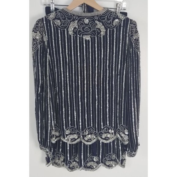 Vintage Judith Ann Creations Sz. S Sequin & Silk 3 Piece Navy & Silver Skirt Set - Picture 5 of 10